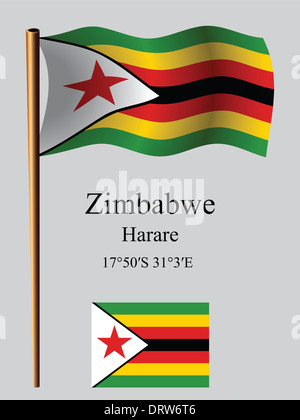 zimbabwe wavy flag and coordinates against gray background, vector art illustration, image contains transparency Stock Photo