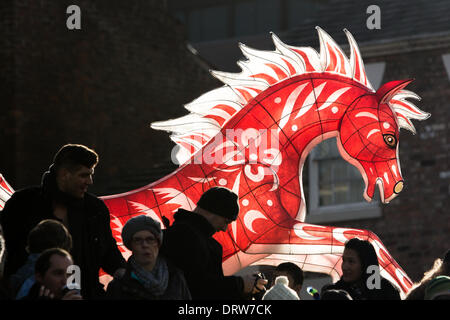 Liverpool, UK. 2nd Feb 2014. Chinese New Year celebrations have taken place in Liverpool on Sunday, February 2, 2013. Thousands lined the streets of China town in Liverpool city centre to mark the year of the Horse. Credit:  Christopher Middleton/Alamy Live News Stock Photo