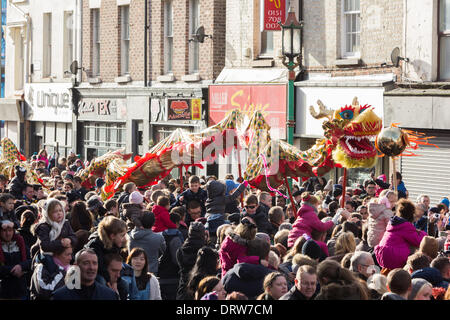 Liverpool, UK. 2nd Feb 2014. Chinese New Year celebrations have taken place in Liverpool on Sunday, February 2, 2013. Thousands lined the streets of China town in Liverpool city centre to mark the year of the Horse. Credit:  Christopher Middleton/Alamy Live News Stock Photo