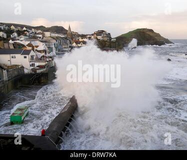 Gigantic waves crash into the seaside town of Ilfracombe at high tide, Devon as the UK embraces stormy weather. Credit:  guy harrop/Alamy Live News Stock Photo