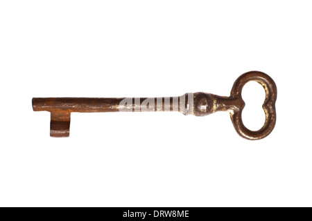 Vintage and rusty door key isolated on white background Stock Photo