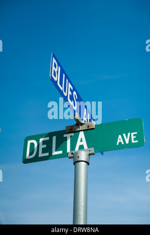 USA Mississippi MS Miss Clarksdale street road sign signs for the blues and delta crossroads Stock Photo