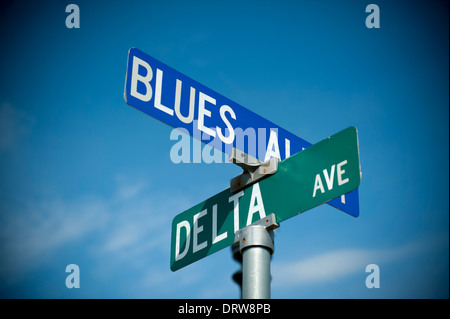 USA Mississippi MS Miss Clarksdale street road sign signs for the blues Delta crossroads Stock Photo