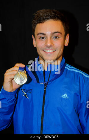 Southend-on-Sea, UK. 02nd Feb, 2014. 02.02.2014 Southend-on-Sea, England. Tom Daley of Plymouth Diving poses with his Gold winners medal from the Mens 10m Platform Final on Day 3 of the British Gas Diving National Cup 2014 from Southend Swimming &amp; Diving Centre. Credit:  Action Plus Sports/Alamy Live News Stock Photo