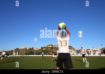 Copa Del Sol, La Manga Club, Spain. 2nd Feb 2014.  FC Astra (Romania) versus AIK (Sweden)  Junior Iraneuton (Astra) throw in at La Manga Club  Photograph by Tony Henshaw Stock Photo