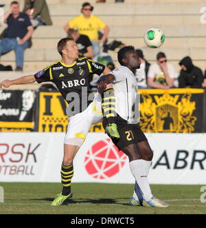 Copa Del Sol, La Manga Club, Spain. 2nd Feb 2014.  FC Astra (Romania) versus AIK (Sweden)  Gomes Yazalde (Astra) is challenged by Per Karlsson (AIK)  Photograph by Tony Henshaw Stock Photo