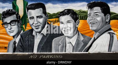 Pacoima, California, USA. 02nd Feb, 2014. 'The Day The Music Died, ' painted on a wall next to Bobo's Burgers on Van Nuys Blvd. by muralist Levi Ponce, depicts the four men - (l to r) BUDDY HOLLY, JP ''The Big Bopper'' RICHARDSON, pilot Roger Peterson and Pacoima's RITCHIE VALENS - who were killed in a plane crash in a Clear Lake, Iowa cornfield on February 3, 1959. © Brian Cahn/ZUMAPRESS.com/Alamy Live News Stock Photo