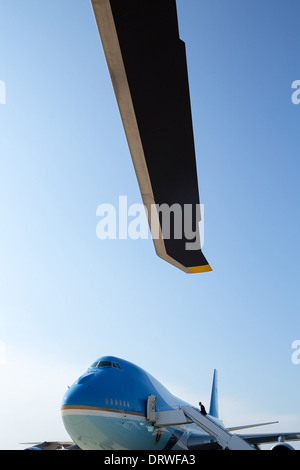 US President Barack Obama boards Air Force One for departure en route to Buffalo August 22, 2013 at Joint Base Andrews, Maryland. Stock Photo