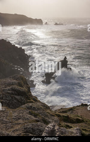 South West Coast Path, Lands End, UK. 1st Feb, 2014. Waves batter in to the coast at Lands End, Cornwall. Credit:  Barry Bateman/Alamy Live News Stock Photo