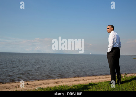 US President Barack Obama views the Gulf of Finland during a break at the G20 Summit September 5, 2013 in St Petersburg, Russia. Stock Photo