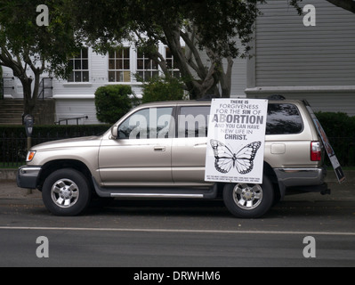 An anti abortion poster on a  4x4 vehicle in San Luis Obispo, California, USA Stock Photo