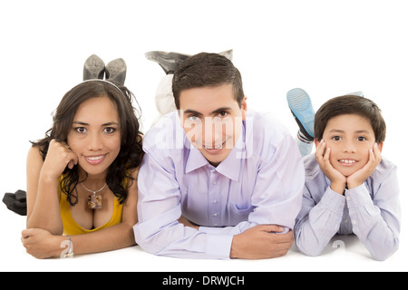 Happy latino family portrait - isolated over a white background Stock Photo