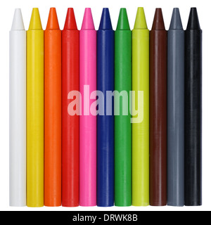 Colorful crayons in a row, isolated on a white background