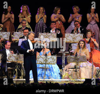 Magdeburg, Germany. 31st Jan, 2014. Dutch violinist André Rieu and the Johann Strauss Orchestra perform at the GETEC-Arena in Magdeburg, Germany, 31 January 2014. André Rieu is touring Germany and will give twenty concerts. Photo: JENS WOLF/dpa/Alamy Live News Stock Photo