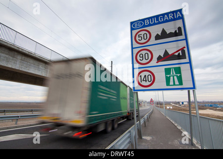 Truck entering Bulgaria after crossing the Danube Bridge 2 between Calafat and Vidin Stock Photo