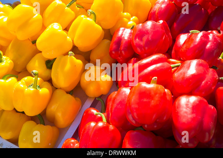 Full frame take of green peppers on display on a street market stall ...
