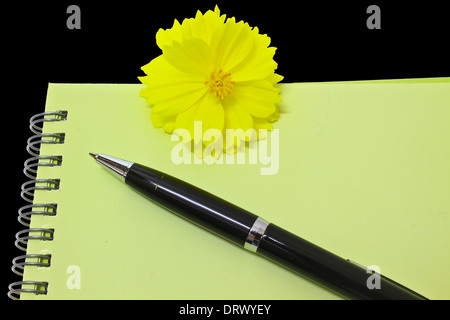 Pen resting on notebook and Yellow flower isolated on the black background Stock Photo