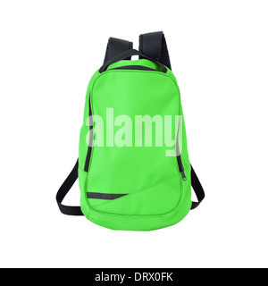 Green backpack on white background w/ path. Back to school. Stock Photo