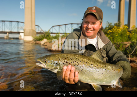 Angler holding an Atlantic salmon caught in the rapids on St. Mary's River in Sault Ste. Marie, Ontario, Canada. Stock Photo