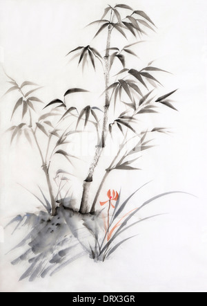 Original watercolor painting of bamboo and orchid. Asian style. Stock Photo