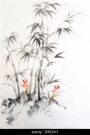 Original watercolor painting of bamboo and orchid. Asian style. Stock Photo