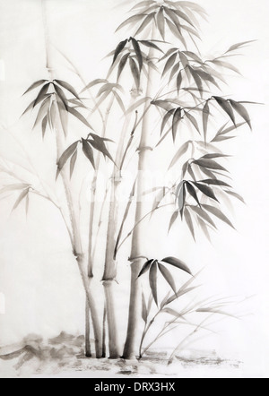 Original watercolor painting of bamboo. Asian style. Stock Photo