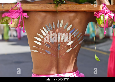 A devotee of lord Muruga carrying a decorative cavadee and body pierced with silver needles during the Thaipoosam Cavadee. Stock Photo