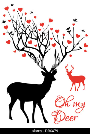 Oh my deer, stag and doe couple with red hearts, vector illustration Stock Photo