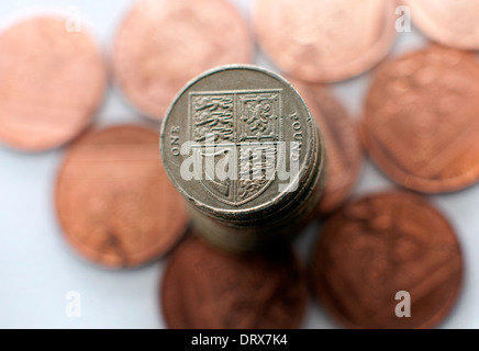 Pound coins and two pence coins, London Stock Photo