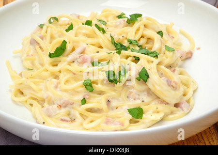 A bowl of fresh spaghetti Carbonara - studio shot Stock Photo