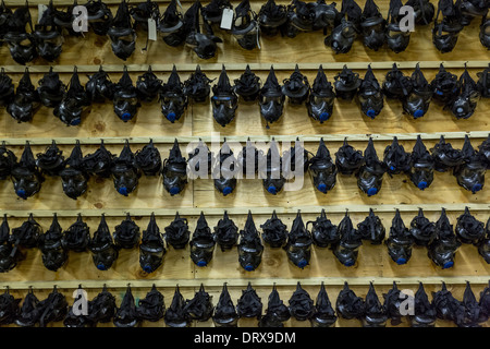 Gas masks hang from a wall at the gas training facility at the US Marine Corps Recruit Depot boot camp January 13, 2014 in Parris Island, SC. Stock Photo