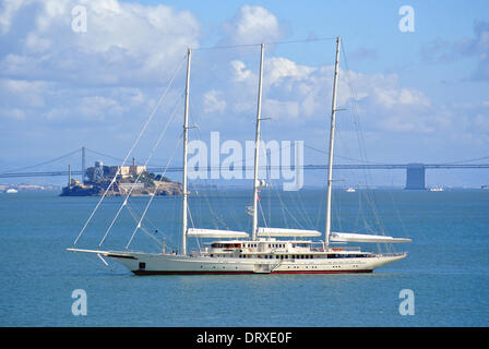 Athena 4th largest yacht in the world built for Netscape Entrepreneur Jim Clark by Royal Huisman in 2004 anchors off Sausalito in San Francisco Bay Stock Photo