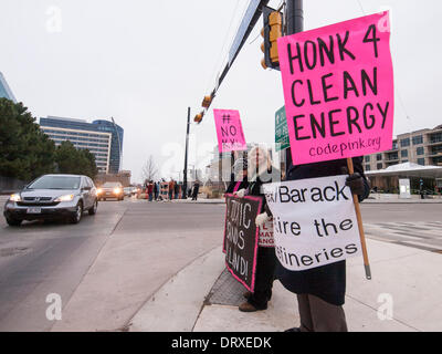 Dallas, Texas, USA . 03rd Feb, 2014. In north Texas, protesters protest the Keystone XL pipeline that will care Canadian tar sands to refineries for export. Credit:  J. G. Domke/Alamy Live News Stock Photo