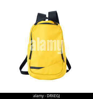 Yellow backpack on white background w/ path. Back to school. Stock Photo
