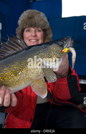 Woman holds up a winter walleye she caught ice fishing. Stock Photo