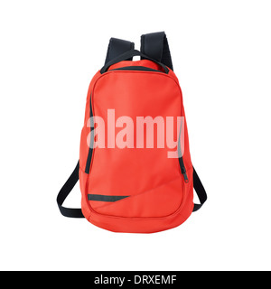 Red backpack on white background w/ path. Back to school. Stock Photo