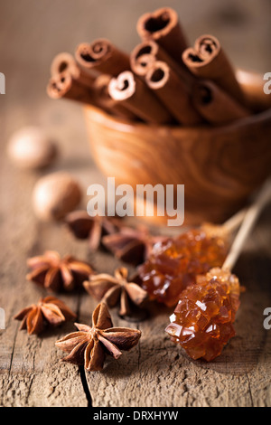 spices cinnamon anise nutmeg rock sugar Stock Photo