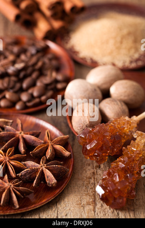 spices cinnamon anise nutmeg rock sugar coffee Stock Photo