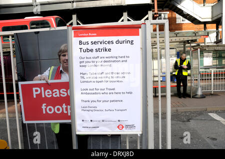 London, UK. 3rd Feb, 2014.  Notice regarding bus services during planned tube strike, starting 4th Feb 2014. Industrial action called to protest against job losses due to 'modernisation' of London Transport, including the closure of ticket offices. Stock Photo
