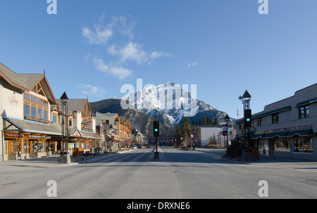 The main street and Cascade Mountain in Banff, Alberta, Canada Stock Photo