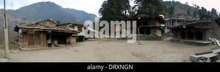 Rumsu village centre and grain threshing area, near Naggar, Kullu ...