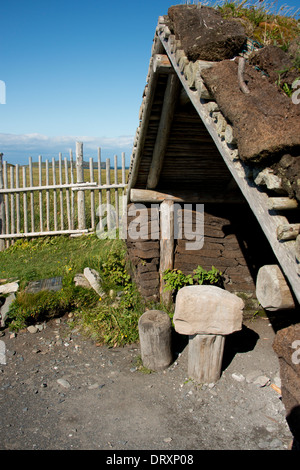 Canada, Newfoundland, L'Anse aux Meadows National Historic Site. Only known Viking site in North America. Reconstructed sod home Stock Photo