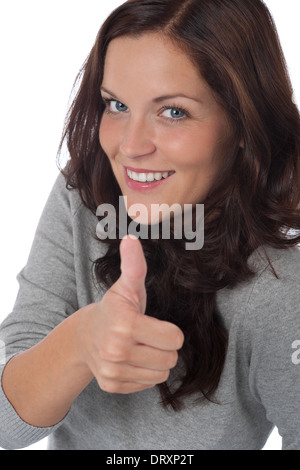 Happy young woman showing thumbs-up on white background Stock Photo - Alamy