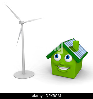 Happy little green house with solar panels on the roof with model of a wind turbine Stock Photo