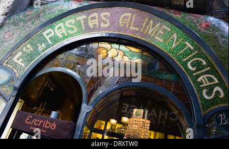 Spain, Catalonia, Barcelona, Art Nouveau tiled facade of the Escriba pastry shop on La Rambla in the Old Town district. Stock Photo