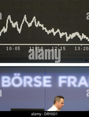 Frankfurt Main, Germany. 04th Feb, 2014. A floor trader walks past a display board with the Dax index at the stock market in Frankfurt Main, Germany, 04 February 2014. Germany's Dax index dropped after a sharp fall in prices in Asia. Photo: Arne Dedert/dpa/Alamy Live News Stock Photo