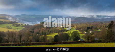 VIEW OVER WYE VALLEY FROM ABOVE BROCKWEIR IN WINTER GLOS LOOKING TOWARDS WELSH HILLS. Stock Photo