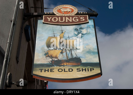 pub sign for the old ship, richmond upon thames, surrey, england Stock Photo