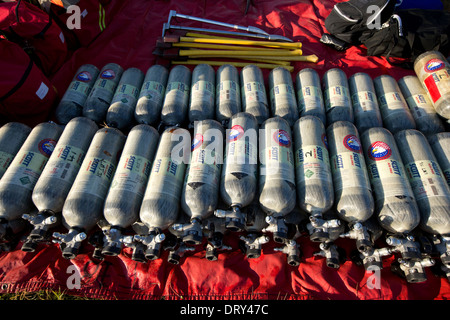 Tanks of high-pressure compressed air are ready for use by high school fire training academy students during training. Stock Photo