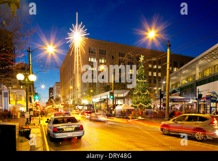 WASHINGTON - Westlake Center and Macy's Star in Seattle at Christmas time. 2013 Stock Photo